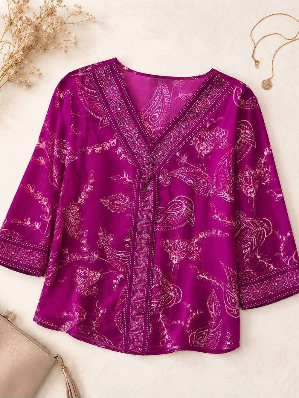 ✨💗Belle by Kim Gravel Magenta Paisley Rhinestone Blouse Medium✨💗